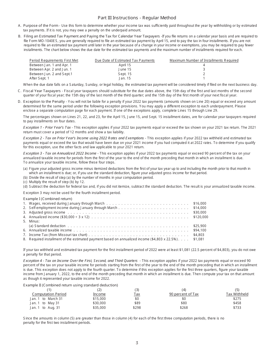 Form MO-2210 Underpayment of Estimated Tax by Individuals - Missouri, Page 3