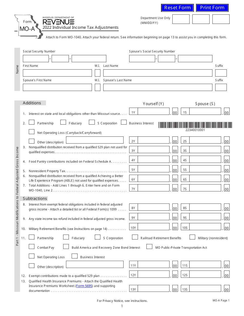 Form MO-A Individual Income Tax Adjustments - Missouri, Page 1