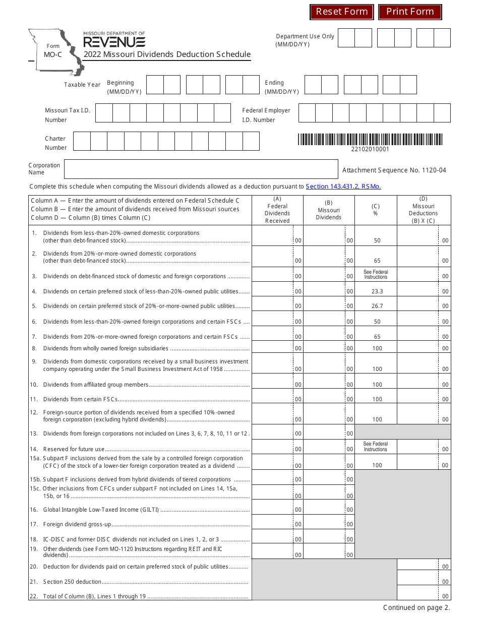 Form MOC Download Fillable PDF or Fill Online Missouri Dividends