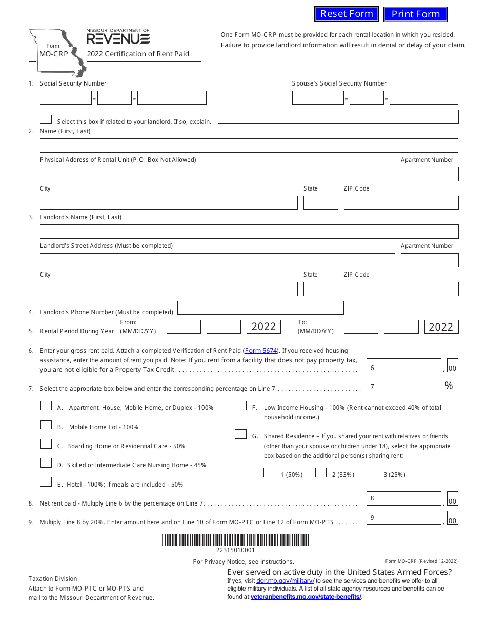 Form MO-CRP Download Fillable PDF or Fill Online Certification of Rent ...