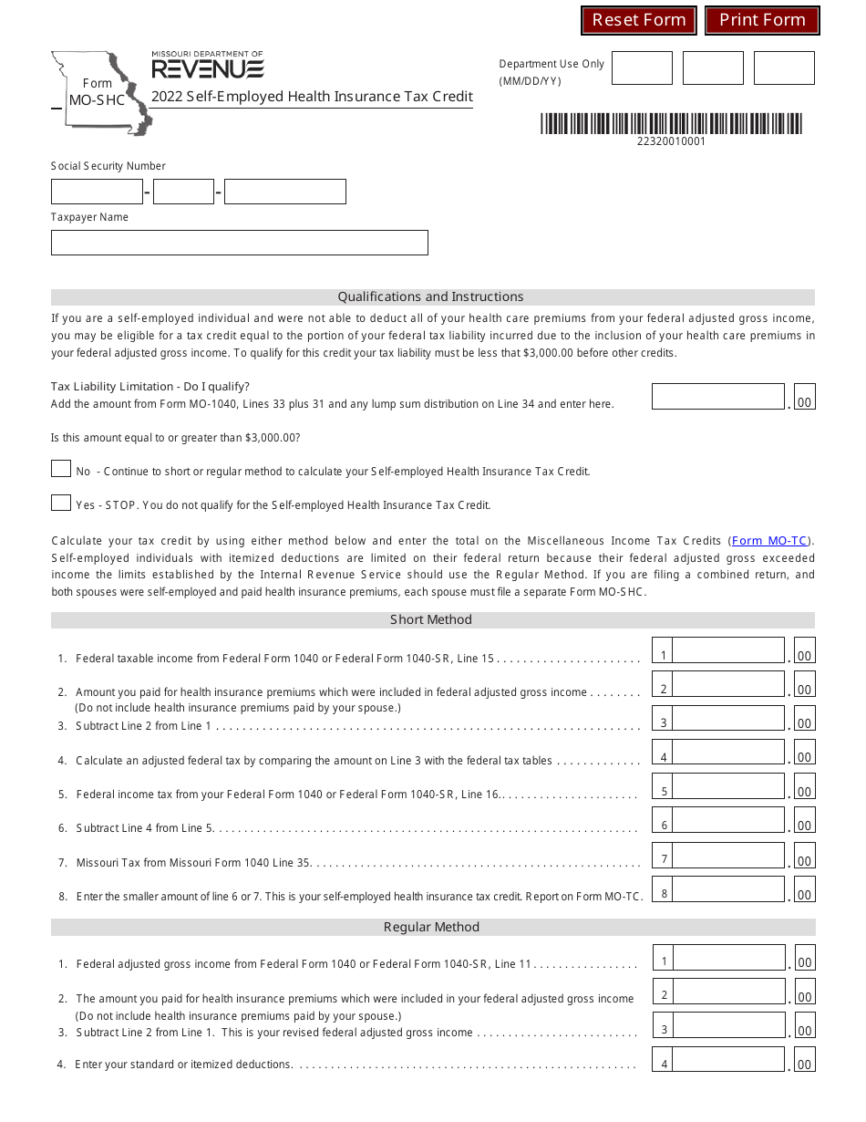 Form MO-SHC Self-employed Health Insurance Tax Credit - Missouri, Page 1