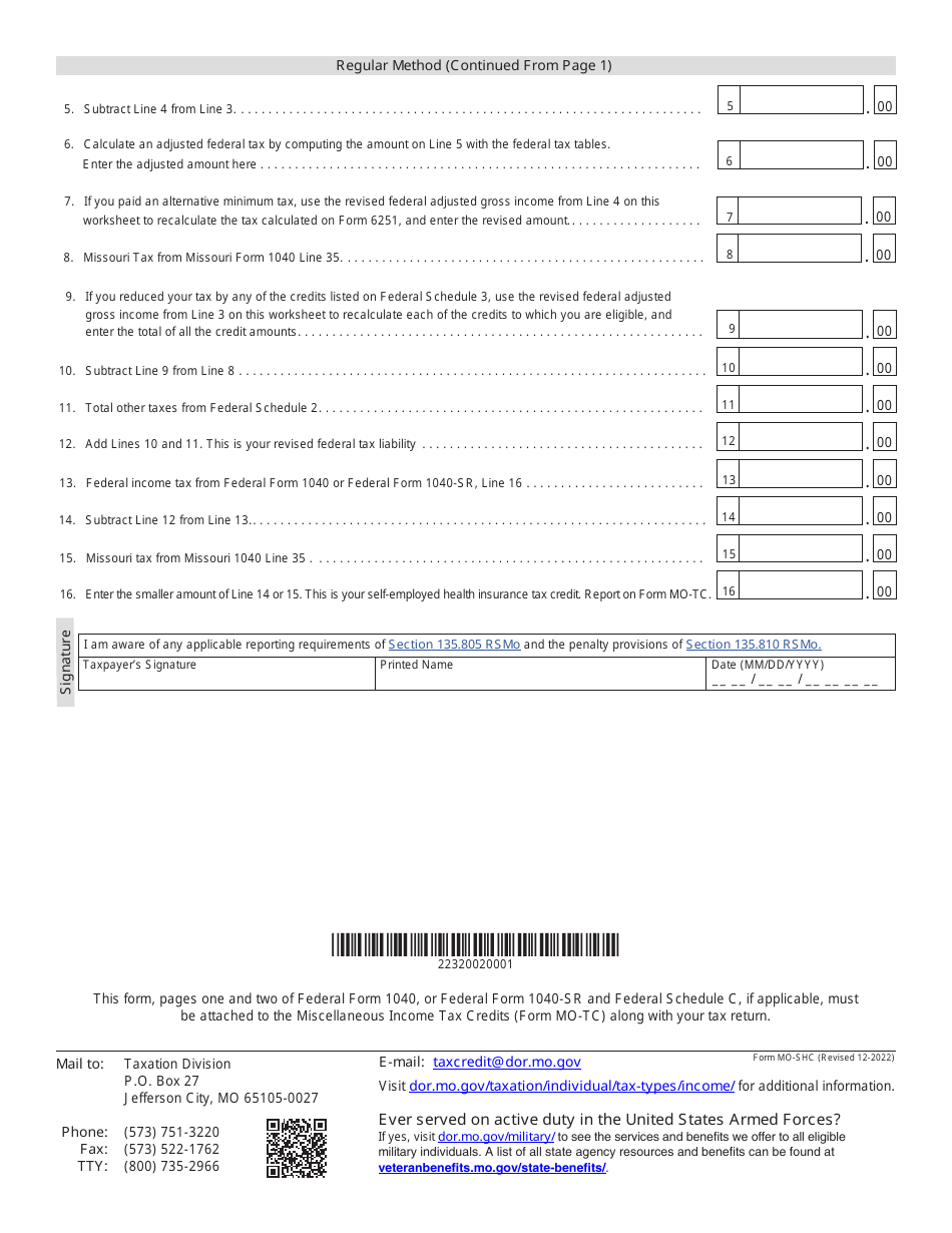 Form MO-SHC Self-employed Health Insurance Tax Credit - Missouri, Page 2