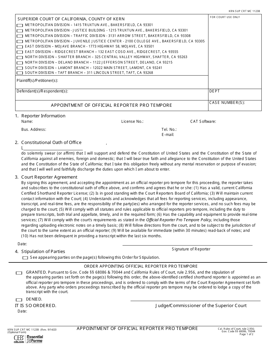Form MC1123B Appointment of Official Reporter Pro Tempore - County of Kern, California, Page 1