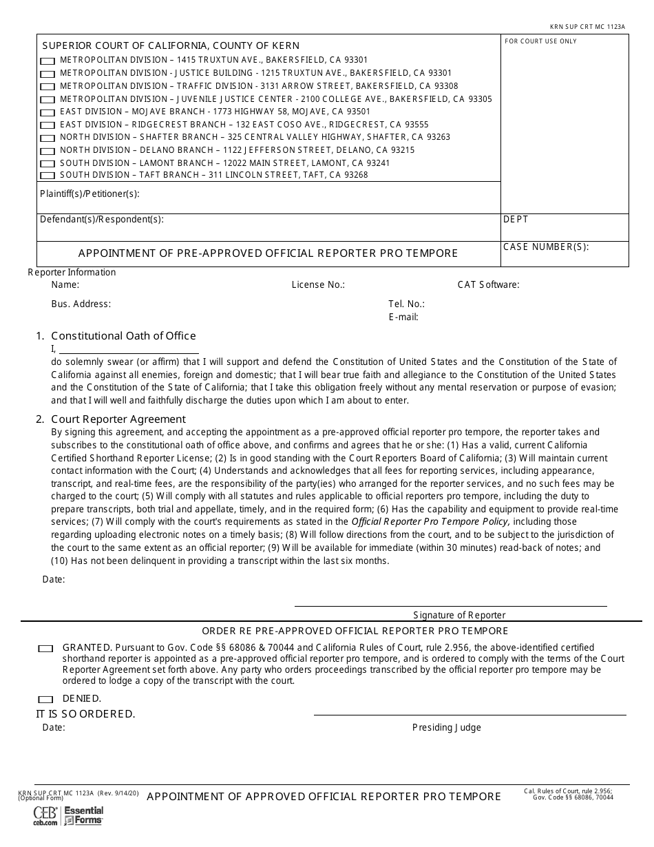 Form MC1123A Appointment of Pre-approved Official Reporter Pro Tempore - County of Kern, California, Page 1