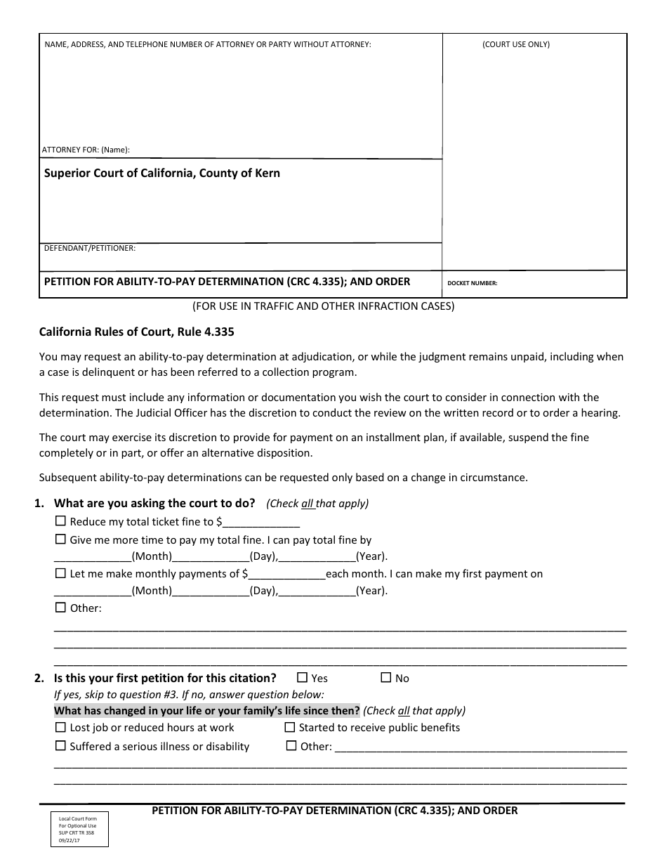 Form SUP CRT TR358 Petition for Ability-To-Pay Determination (Crc 4.335); and Order - County of Kern, California, Page 1