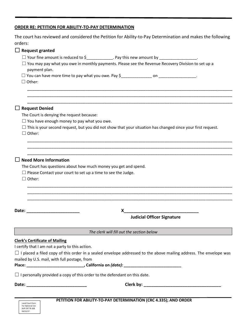 Form SUP CRT TR358 Petition for Ability-To-Pay Determination (Crc 4.335); and Order - County of Kern, California, Page 3