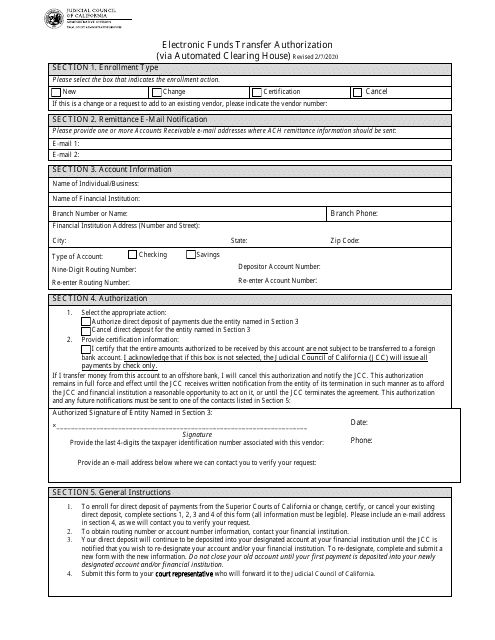 Electronic Funds Transfer Authorization (Via Automated Clearing House) - County of Kern, California Download Pdf
