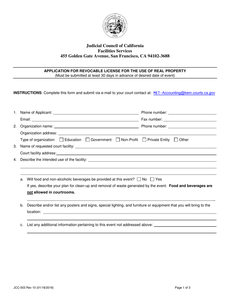 Form JCC-003 Application for Revocable License for the Use of Real Property - County of Kern, California, Page 1