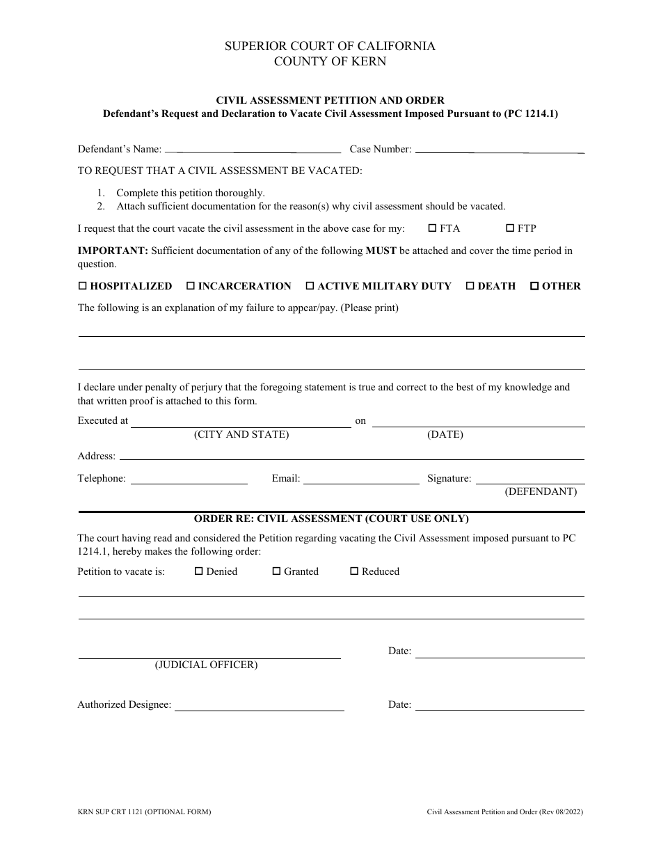 Form KRN SUP CRT1121 Defendants Request and Declaration to Vacate Civil Assessment Imposed Pursuant to (Pc 1214.1) - County of Kern, California, Page 1