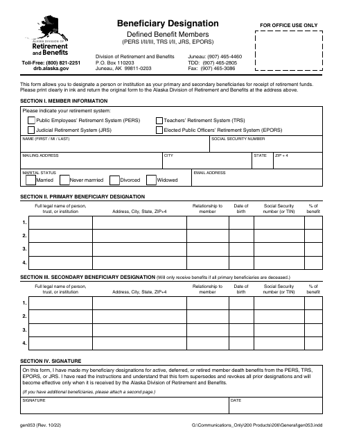 Form GEN053 Beneficiary Designation - Defined Benefit Members (Pers I/II/Iii, Trs I/II, Jrs, Epors) - Alaska