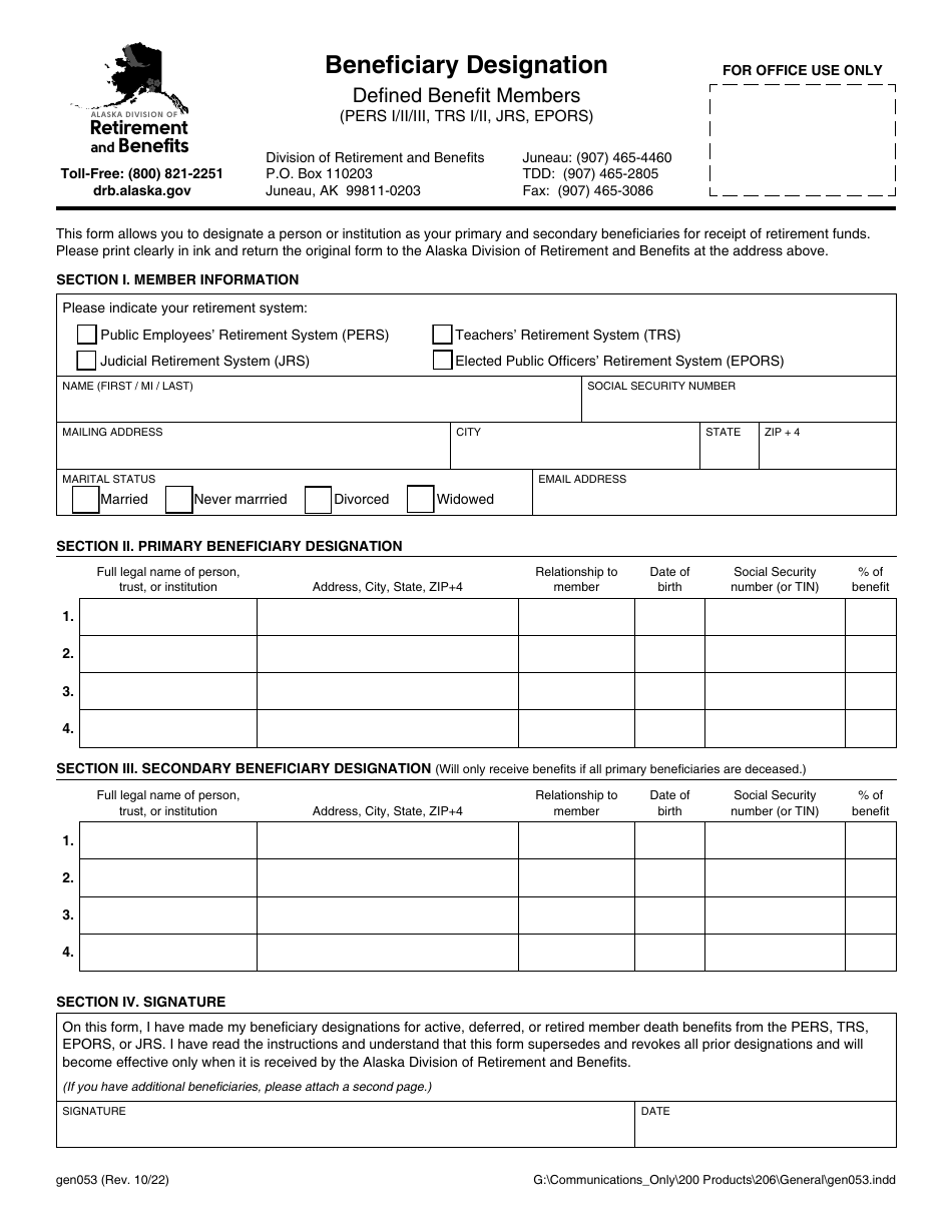 Form GEN053 Beneficiary Designation - Defined Benefit Members (Pers I / II / Iii, Trs I / II, Jrs, Epors) - Alaska, Page 1