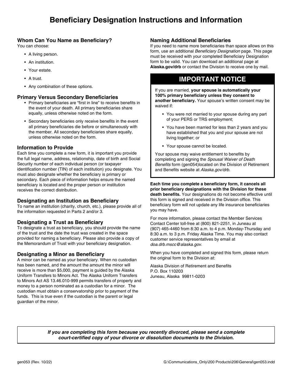 Form GEN053 Beneficiary Designation - Defined Benefit Members (Pers I / II / Iii, Trs I / II, Jrs, Epors) - Alaska, Page 2