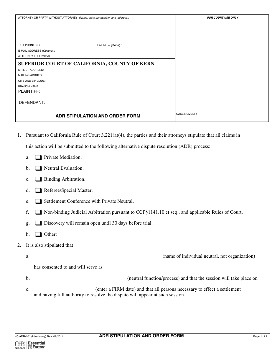 Form ADR-101 Adr Stipulation and Order Form - County of Kern, California, Page 1