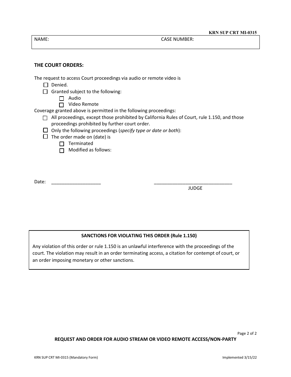 Form KRN SUP CRT MI-0315 Request and Order for Audio Stream or Video Remote Access / Non-party - County of Kern, California, Page 2