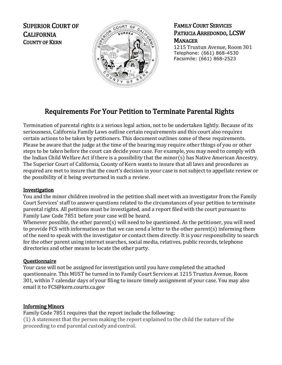 Form SUP CRT METRO DIV580 9425 572 (4101) Fcs Petition to Terminate Parental Rights - County of Kern, California, Page 1