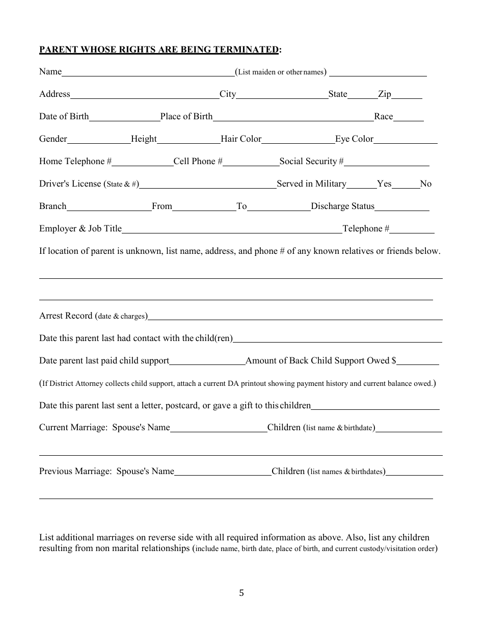 Form SUP CRT METRO DIV580 9425 572 (4101) Fcs Petition to Terminate Parental Rights - County of Kern, California, Page 5