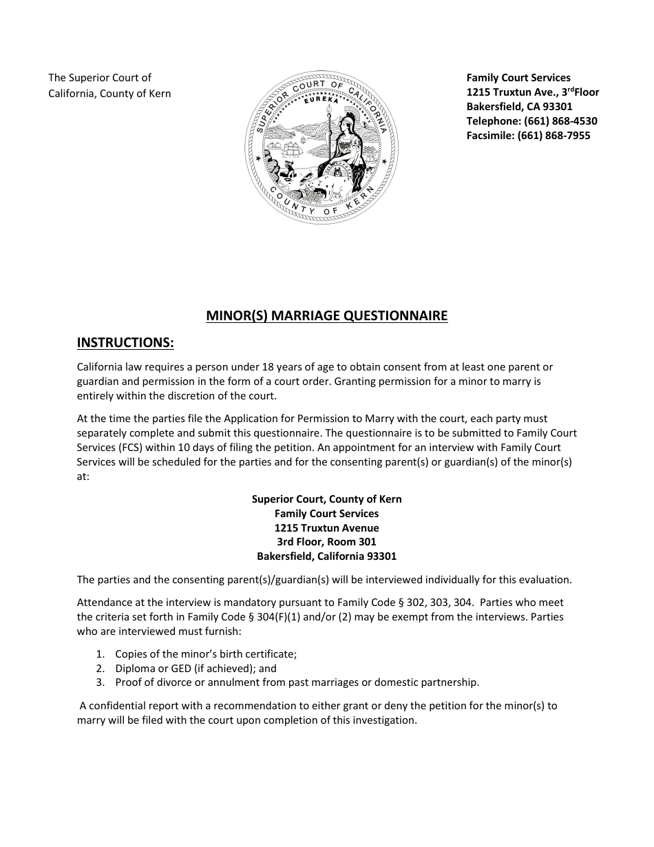 Minor(S) Marriage Intake Questionnaire - County of Kern, California, Page 1