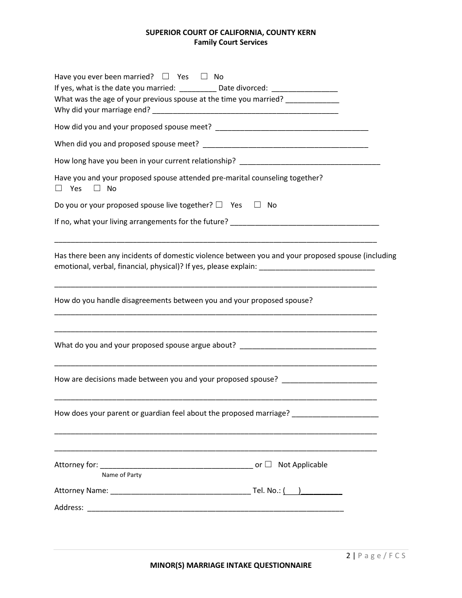 Minor(S) Marriage Intake Questionnaire - County of Kern, California, Page 3