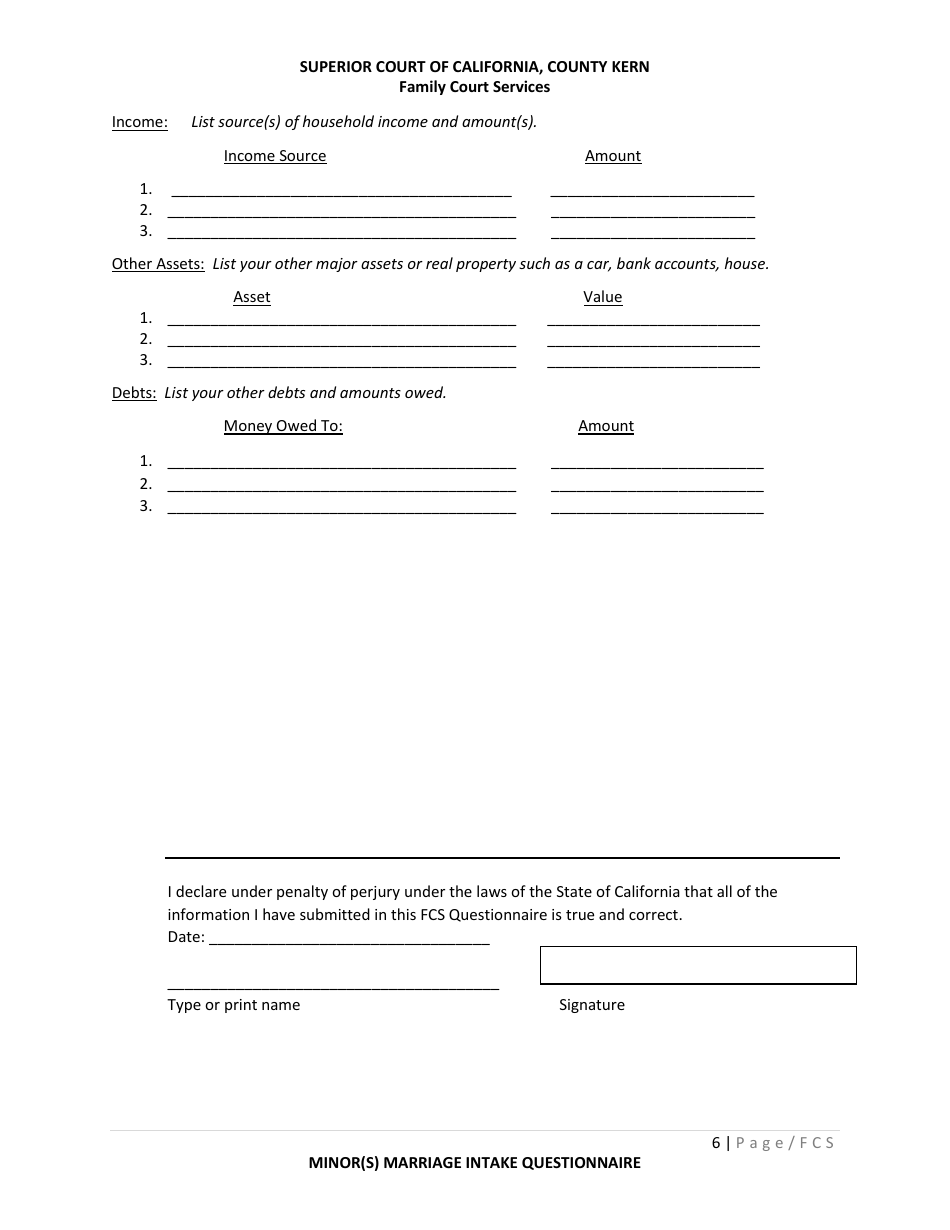 Minor(S) Marriage Intake Questionnaire - County of Kern, California, Page 7