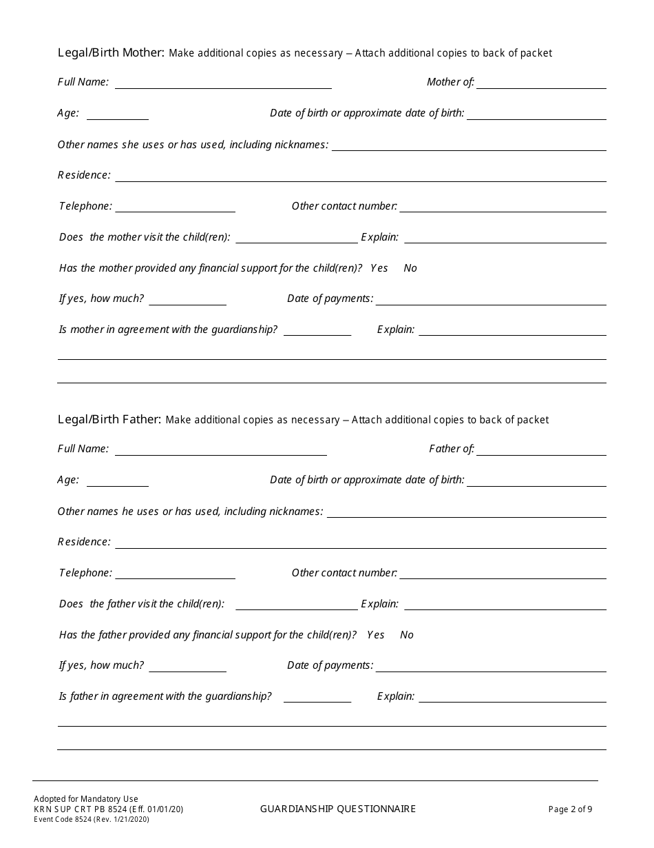 Form KRN SUP CRT PB8524 Guardianship Questionnaire - County of Kern, California, Page 3