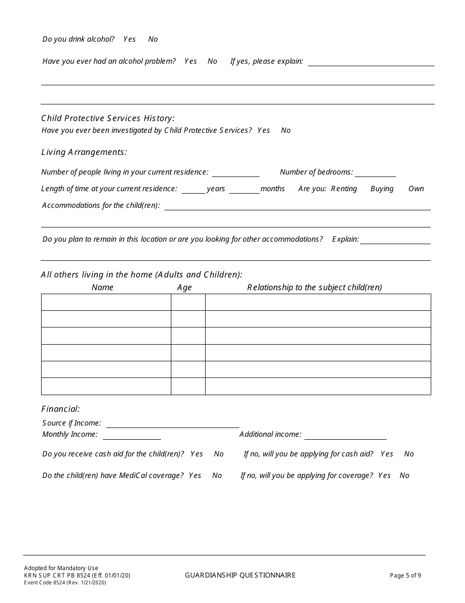 Form KRN SUP CRT PB8524 Guardianship Questionnaire - County of Kern, California, Page 6