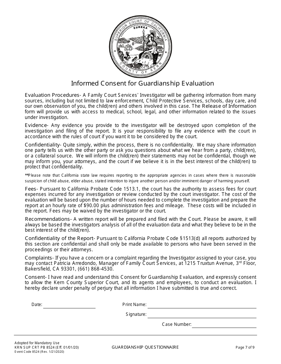 Form KRN SUP CRT PB8524 Guardianship Questionnaire - County of Kern, California, Page 8