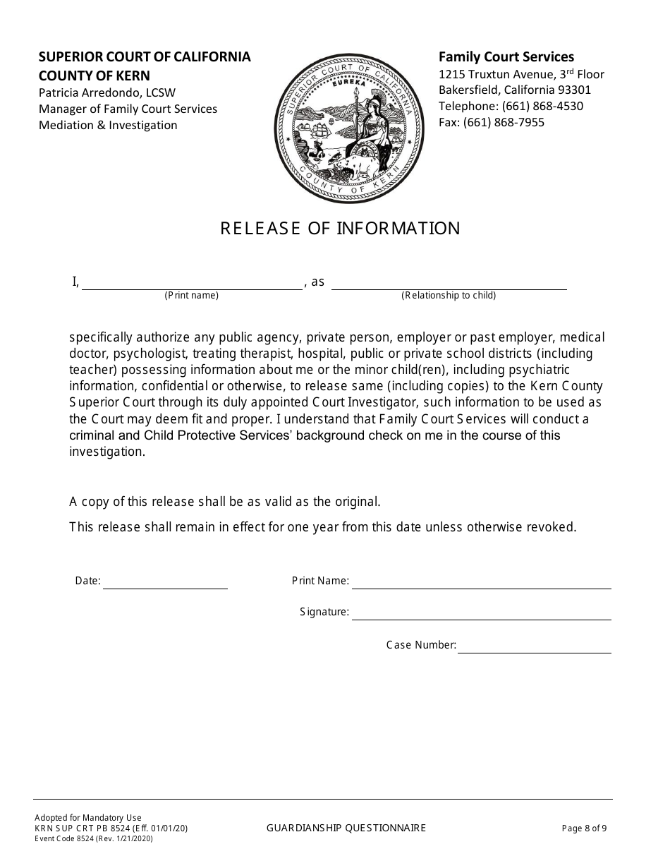 Form KRN SUP CRT PB8524 Guardianship Questionnaire - County of Kern, California, Page 9