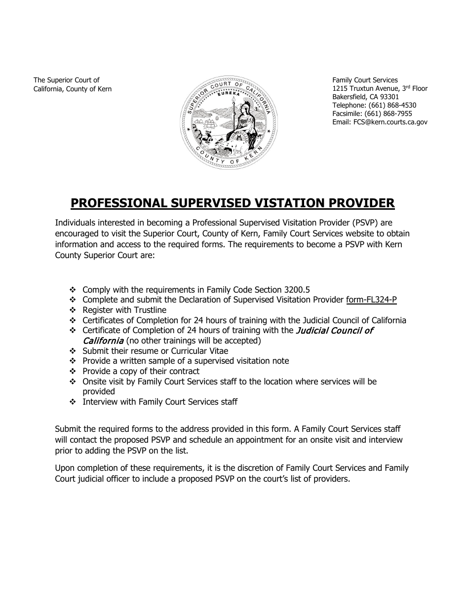 Professional Supervised Vistation Provider Screening Form - County of Kern, California, Page 1