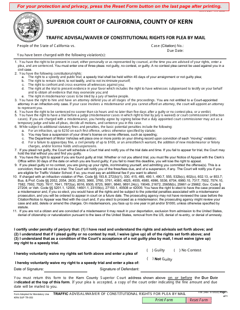 Form KRN SUP TR-050 Traffic Advisal/Waiver of Constitutional Rights for Plea by Mail - County of Kern, California