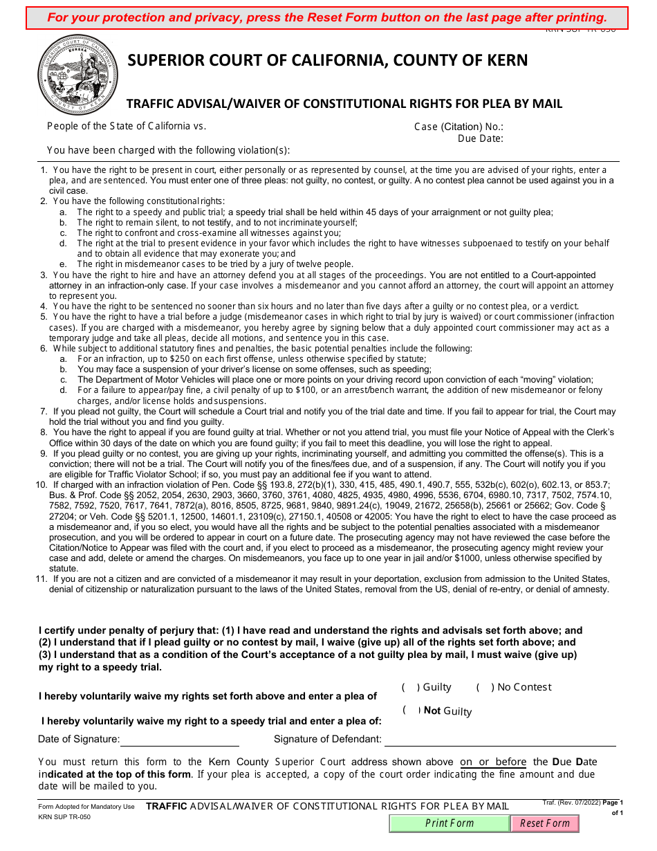 Form KRN SUP TR-050 Traffic Advisal / Waiver of Constitutional Rights for Plea by Mail - County of Kern, California, Page 1