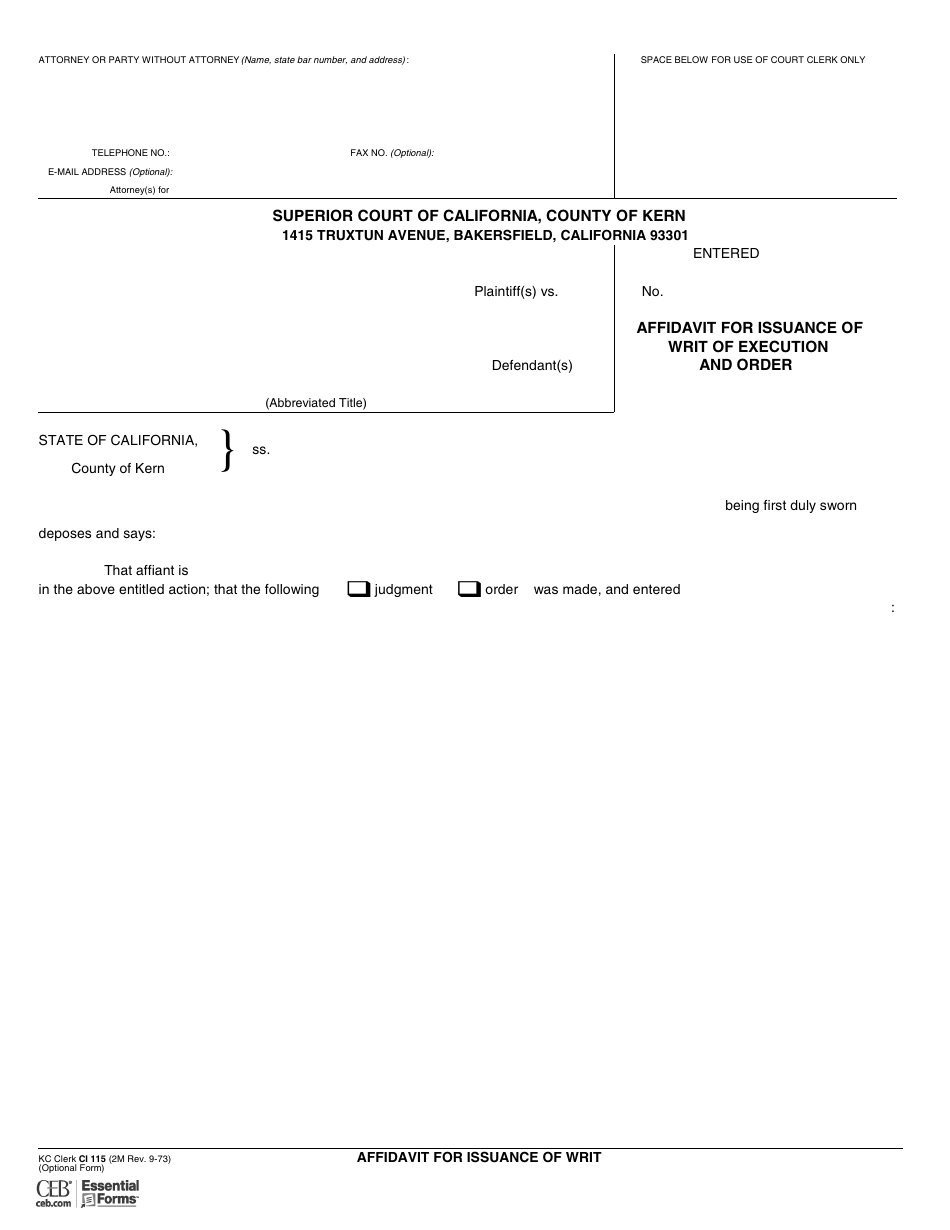 Form CI115 Affidavit for Issuance of Writ of Execution and Order - County of Kern, California, Page 1