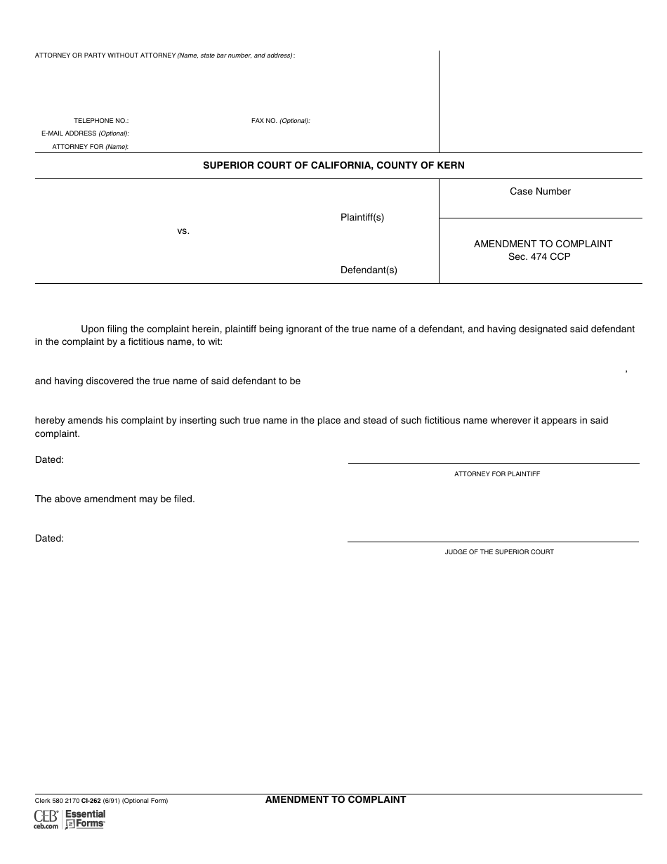 Form CI-262 Amendment to Complaint - County of Kern, California, Page 1