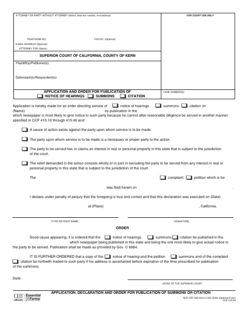 Form CI-80 Application, Declaration and Order for Publication of Summons or Citation - County of Kern, California
