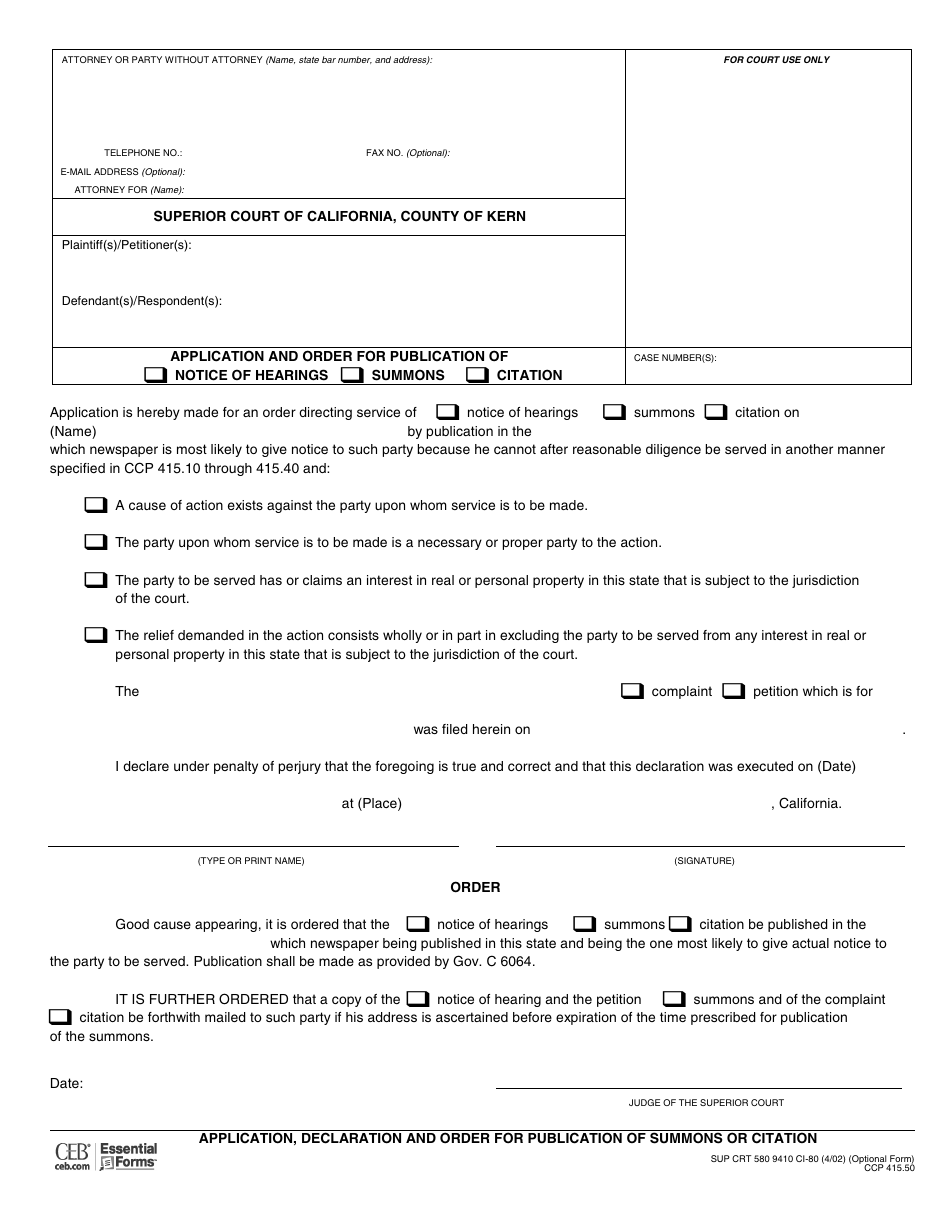 Form CI-80 Application, Declaration and Order for Publication of Summons or Citation - County of Kern, California, Page 1