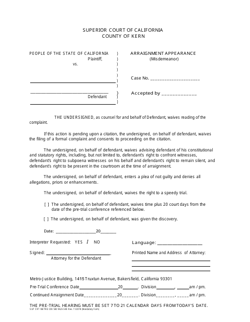 Form SUP CRT METRO DIV580 9425 548 Arraignment Appearance (Misdemeanor) - County of Kern, California