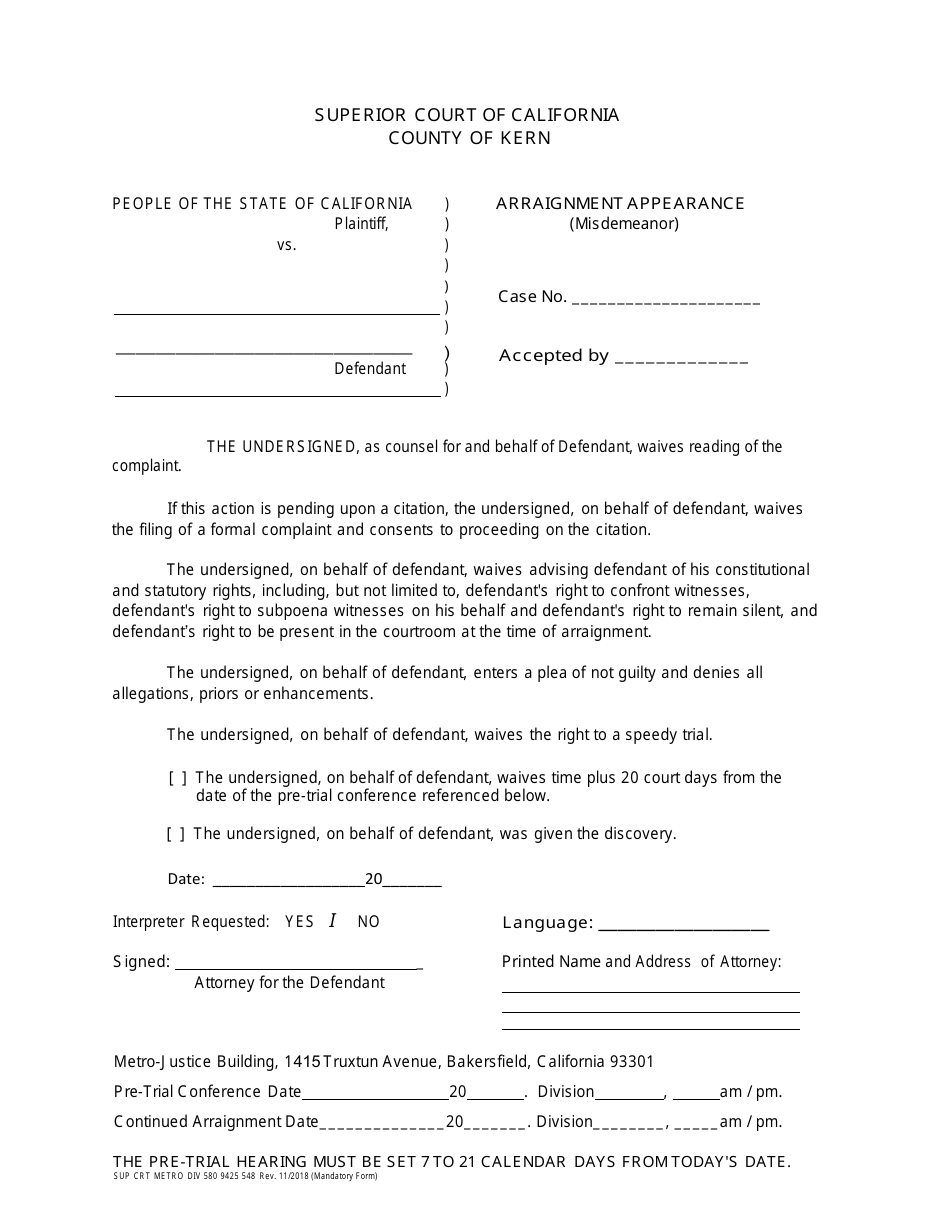Form SUP CRT METRO DIV580 9425 548 Arraignment Appearance (Misdemeanor) - County of Kern, California, Page 1