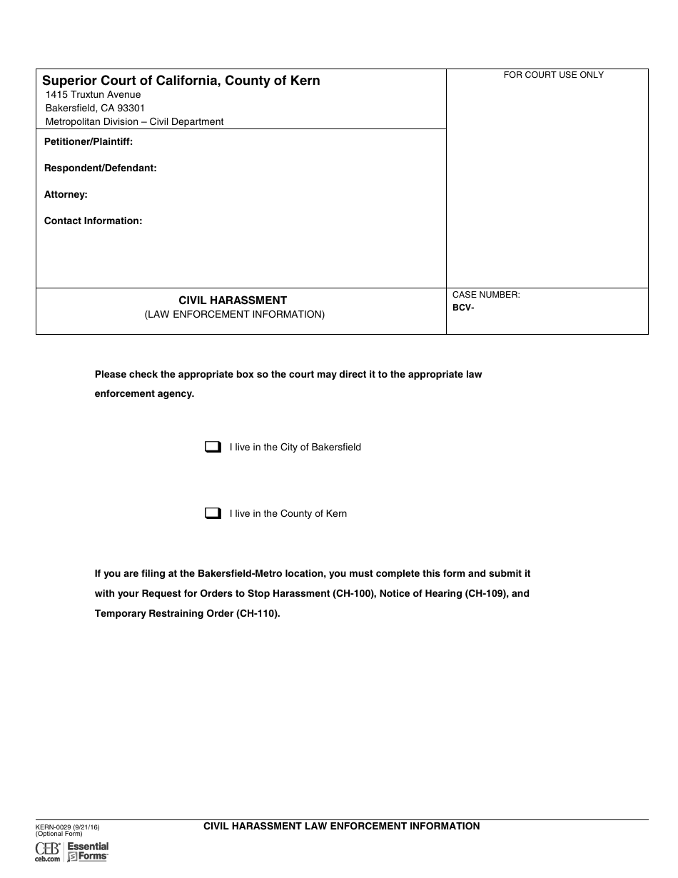 Form KERN-0029 Civil Harassment (Law Enforcement Information) - County of Kern, California, Page 1