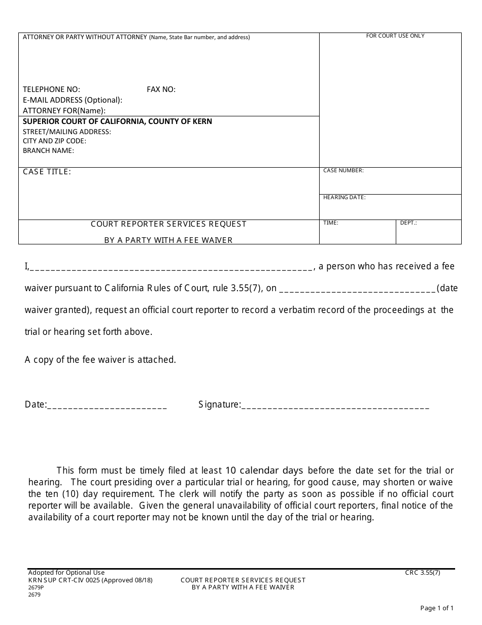 Form KRN SUP CRT-CIV0025 Court Reporter Services Request by a Party With a Fee Waiver - County of Kern, California, Page 1