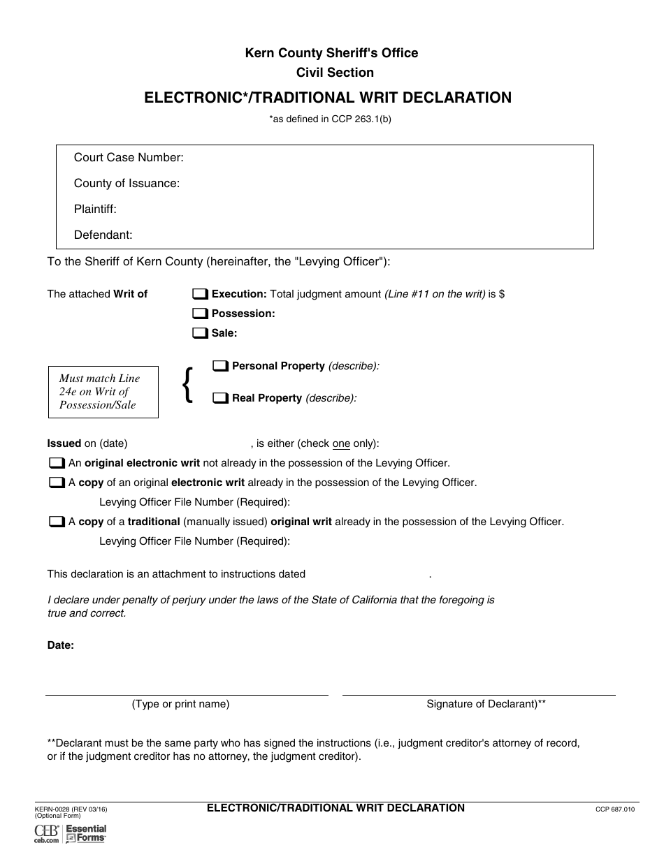 Form KERN-0028 Electronic / Traditional Writ Declaration - County of Kern, California, Page 1