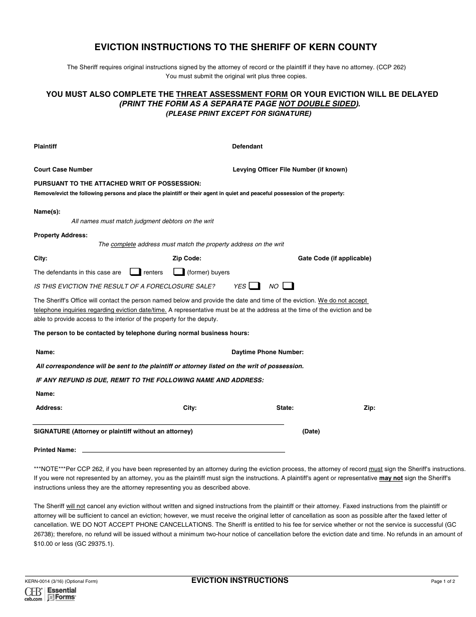 Download Instructions for Form KERN0014 Eviction Instructions to the