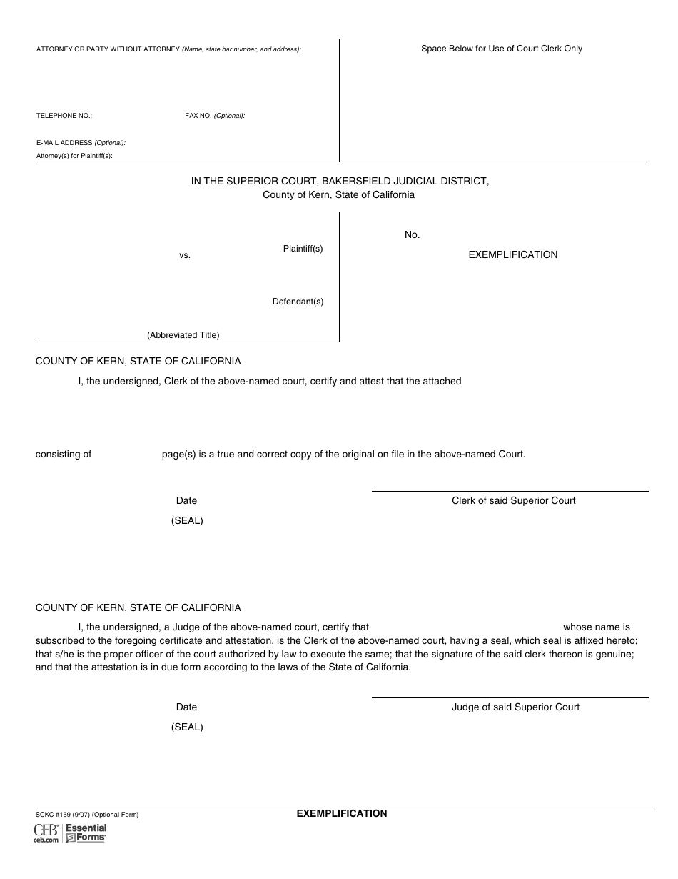 Form 159 Exemplification - County of Kern, California, Page 1