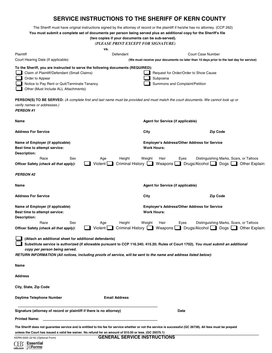 Form KERN-0020 Service Instructions to the Sheriff of Kern County - County of Kern, California, Page 1