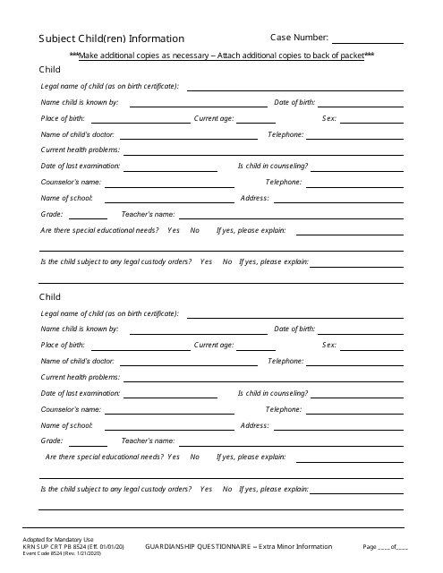 Form KRN SUP CRT PB8524 Guardianship Questionnaire - Extra Minor Information - County of Kern, California
