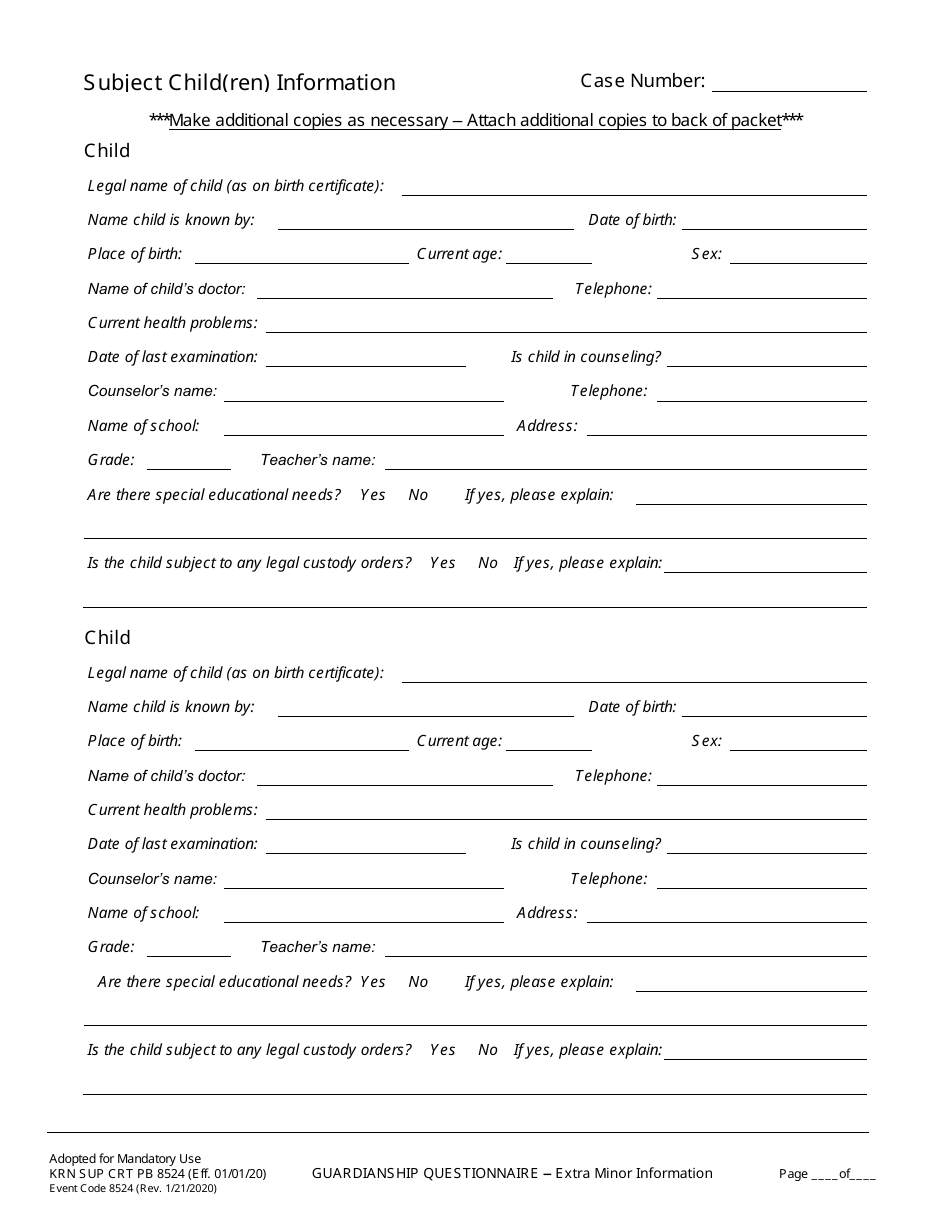 Form KRN SUP CRT PB8524 Guardianship Questionnaire - Extra Minor Information - County of Kern, California, Page 1