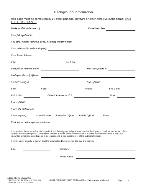 Form KRN SUP CRT PB8524 Guardianship Questionnaire - Extra Adult in Home - County of Kern, California