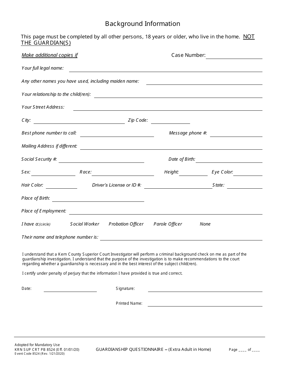 Form KRN SUP CRT PB8524 Guardianship Questionnaire - Extra Adult in Home - County of Kern, California, Page 1