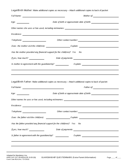 Form KRN SUP CRT PB8524 Guardianship Questionnaire (Extra-parent Information) - County of Kern, California