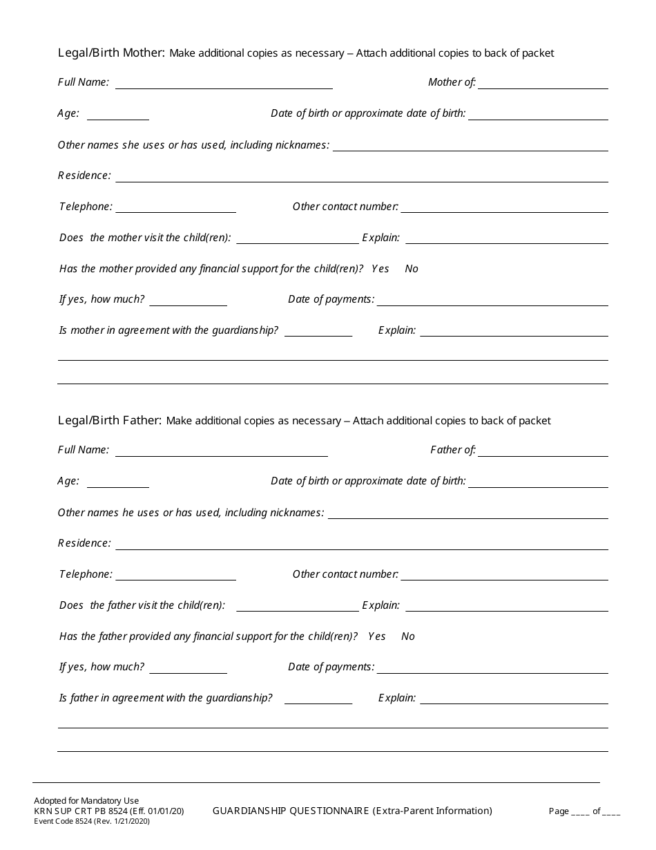 Form KRN SUP CRT PB8524 Guardianship Questionnaire (Extra-parent Information) - County of Kern, California, Page 1