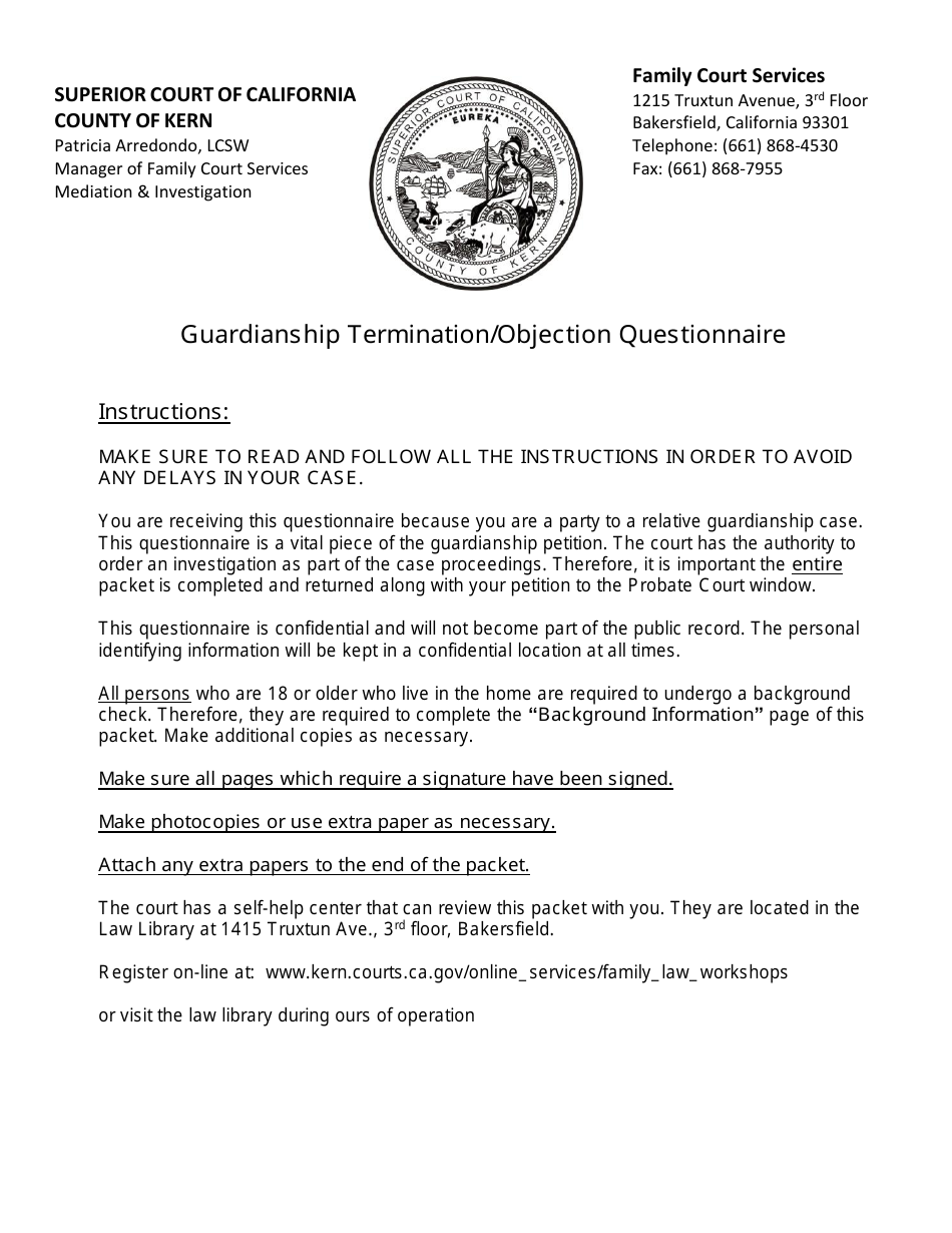 Form KRN SUP CRT PB8525 Guardianship Termination / Objection Questionnaire - County of Kern, California, Page 1