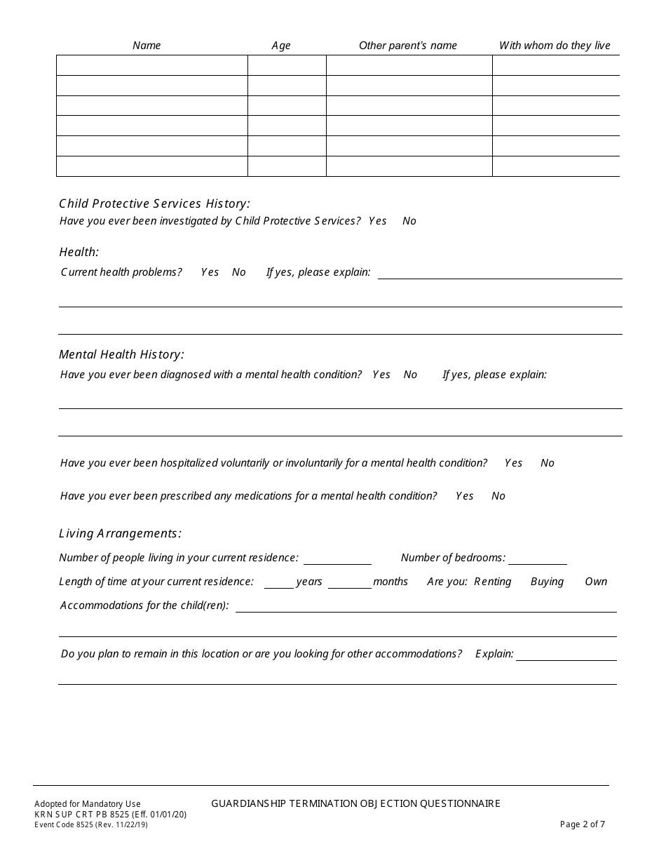 Form KRN SUP CRT PB8525 Guardianship Termination / Objection Questionnaire - County of Kern, California, Page 3